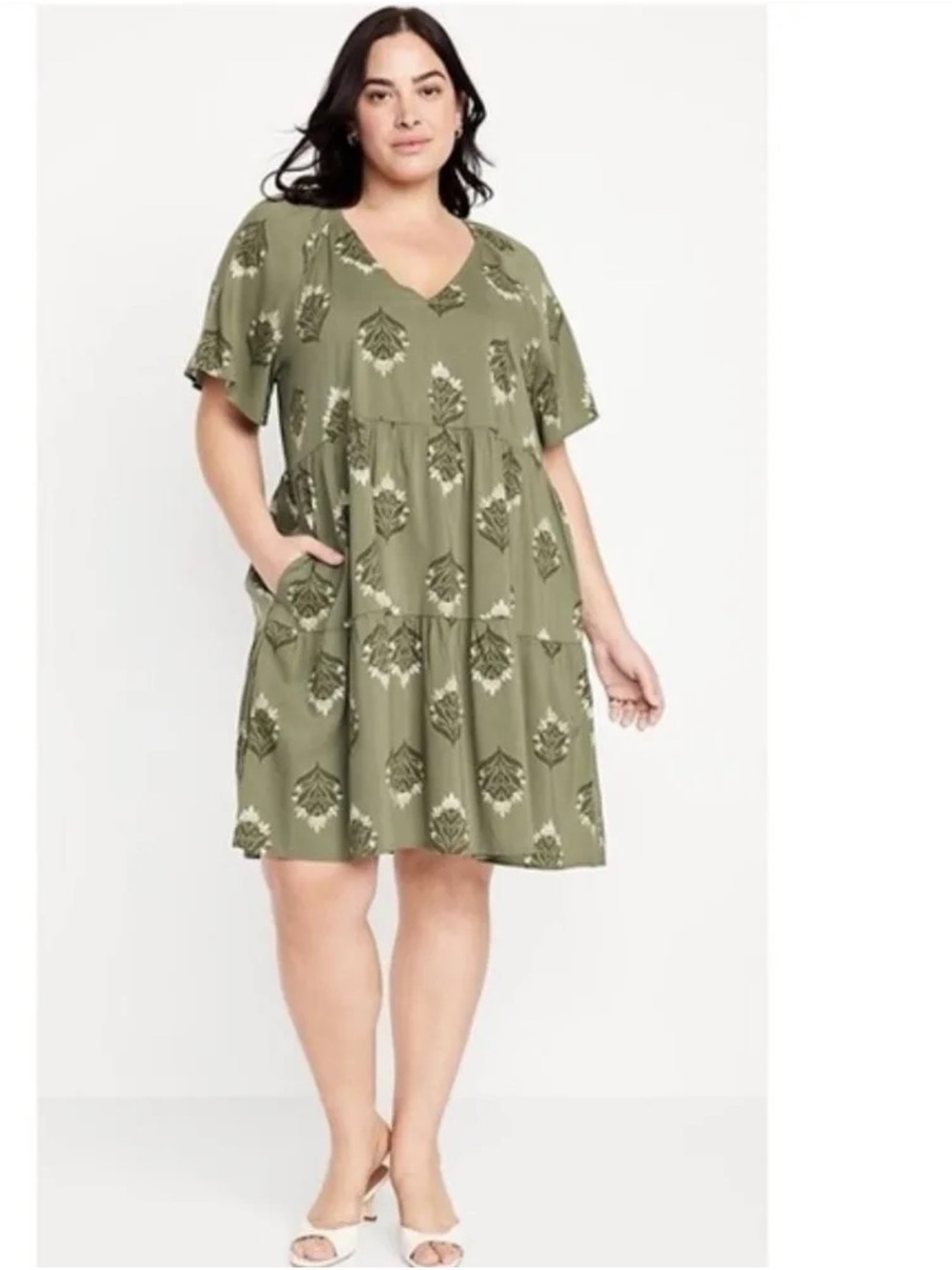 Old Navy Olive Green Floral V-Neck Tiered Mini Dress - Picture 11 of 11